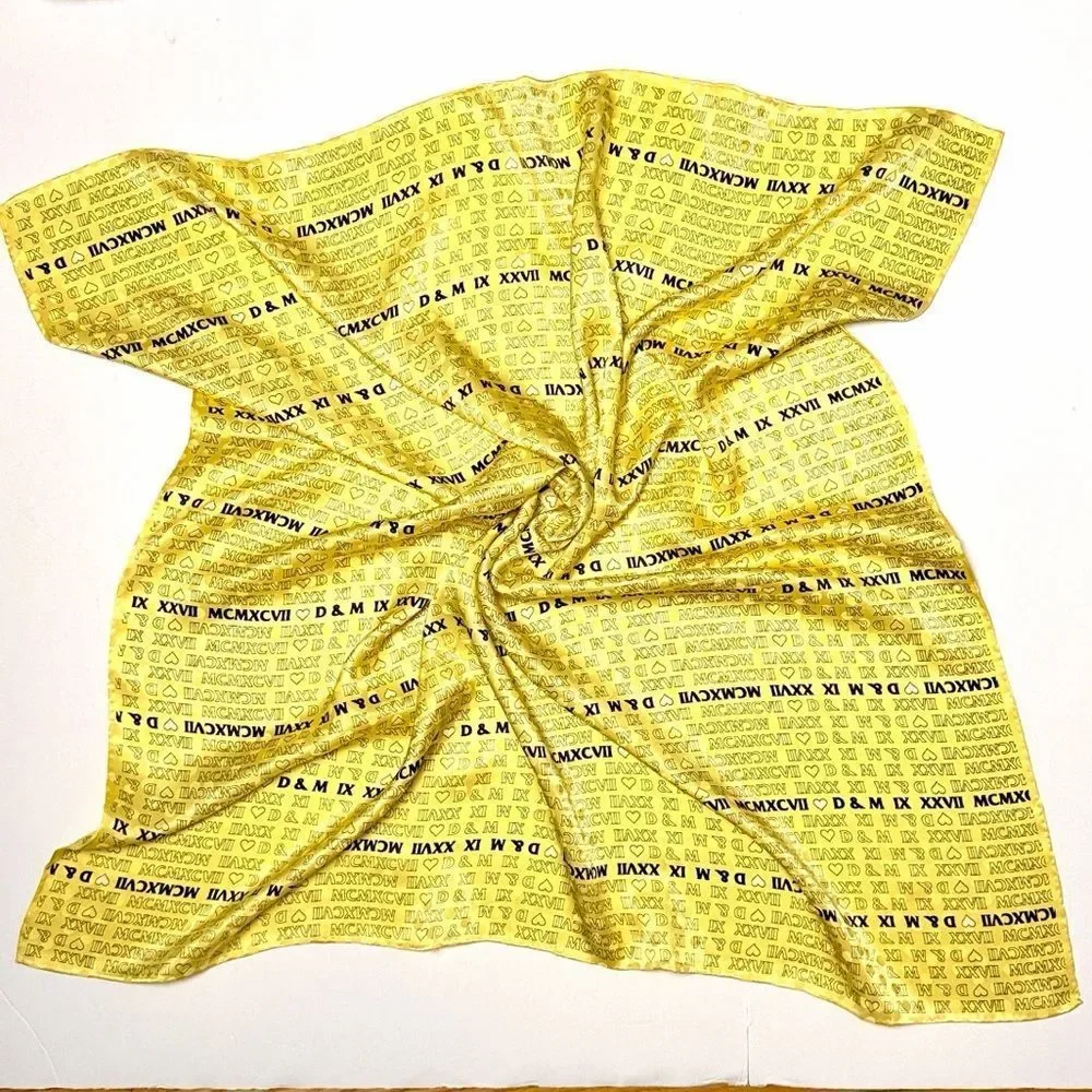 Yellow Silk Satin Scarf Roman Numerals and Initials Print Hand Rolled 34x34